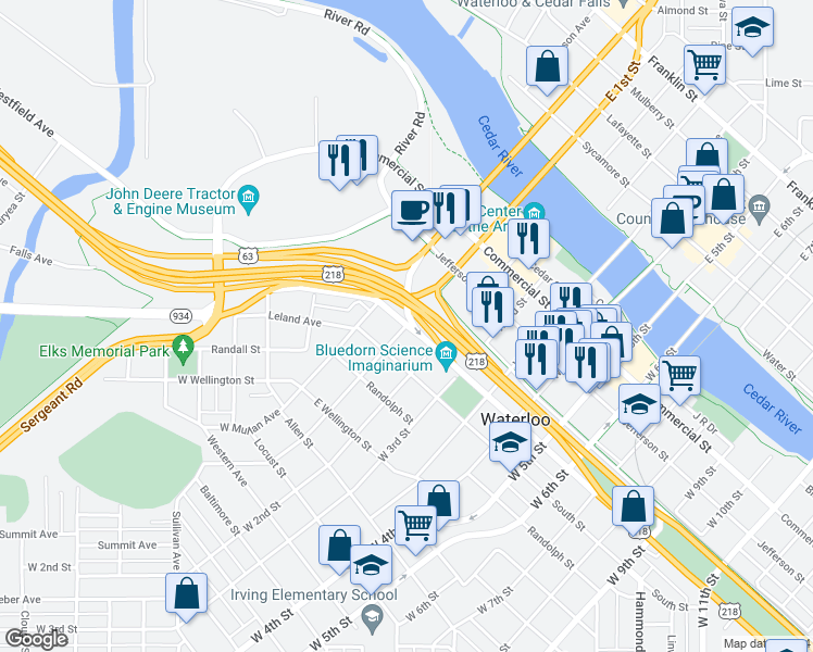 map of restaurants, bars, coffee shops, grocery stores, and more near 501 West 1st Street in Waterloo