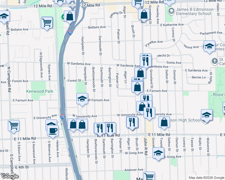 map of restaurants, bars, coffee shops, grocery stores, and more near 27629 Barrington Street in Madison Heights