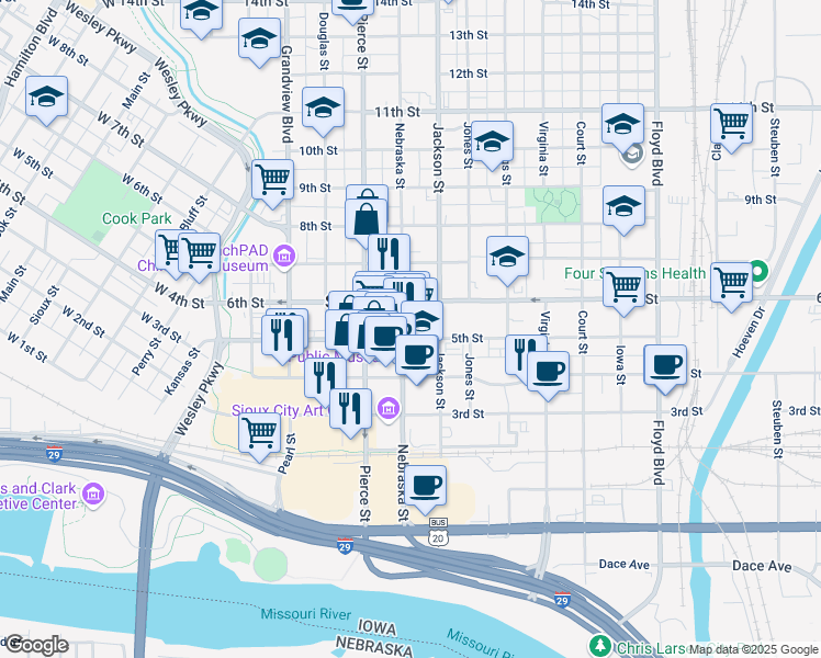 map of restaurants, bars, coffee shops, grocery stores, and more near 417 Nebraska Street in Sioux City