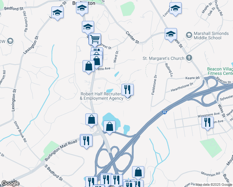 map of restaurants, bars, coffee shops, grocery stores, and more near 20 Corporate Drive in Burlington