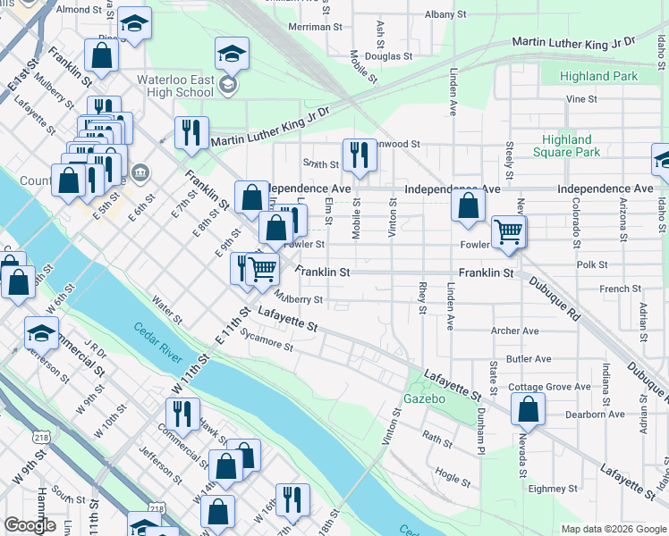 map of restaurants, bars, coffee shops, grocery stores, and more near 422 Elm Street in Waterloo