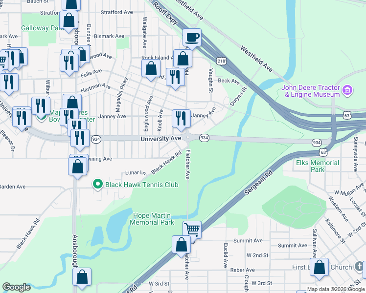 map of restaurants, bars, coffee shops, grocery stores, and more near 259-275 Fletcher Ave in Waterloo