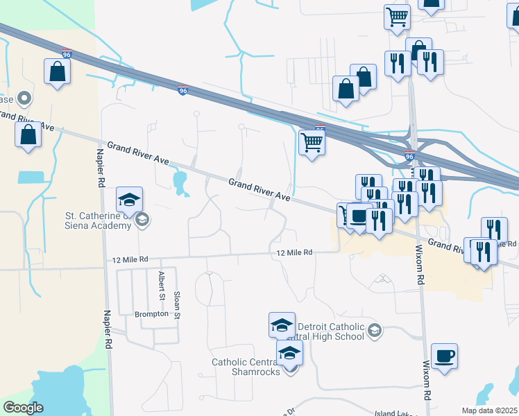 map of restaurants, bars, coffee shops, grocery stores, and more near 50187 Helfer Boulevard in Wixom