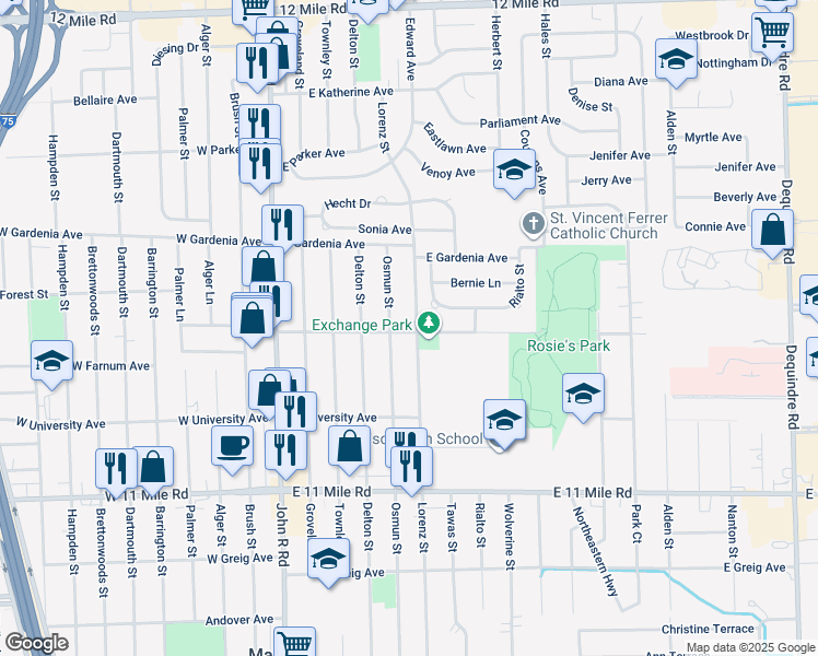 map of restaurants, bars, coffee shops, grocery stores, and more near 27701 Lorenz Street in Madison Heights