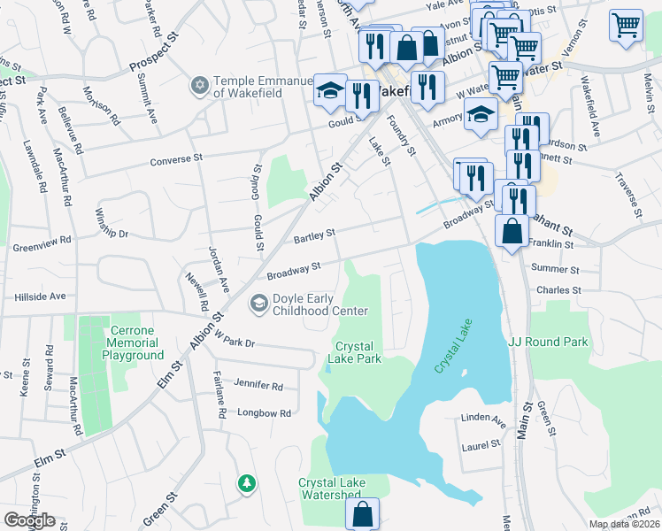 map of restaurants, bars, coffee shops, grocery stores, and more near 80 Plymouth Road in Wakefield