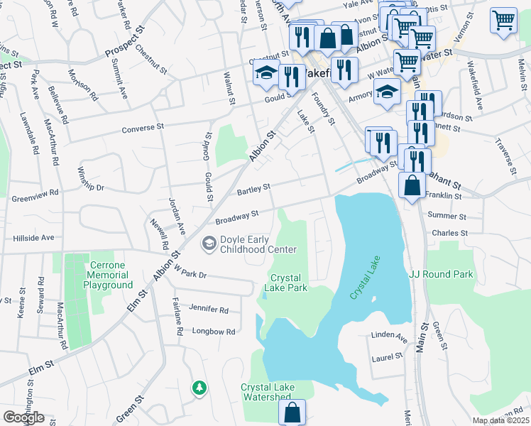 map of restaurants, bars, coffee shops, grocery stores, and more near 80 Plymouth Road in Wakefield