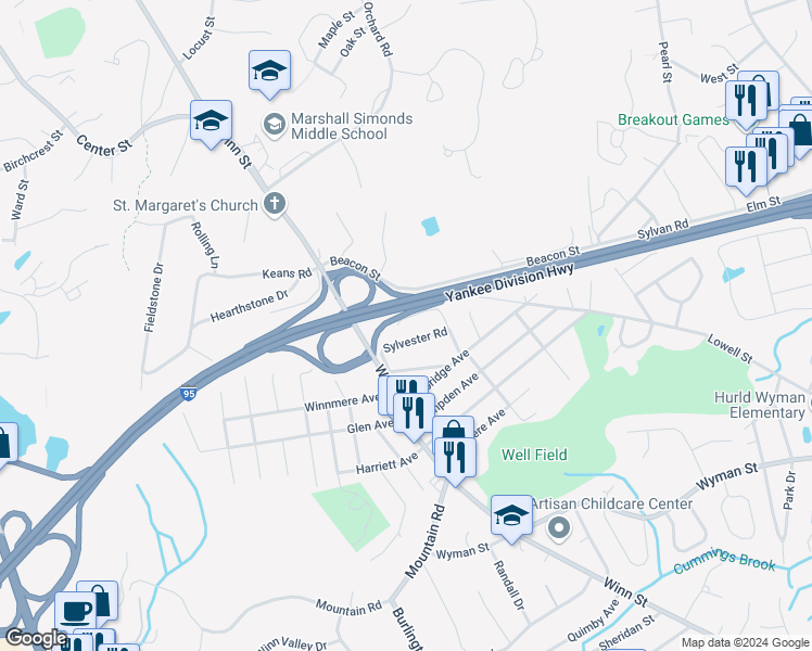 map of restaurants, bars, coffee shops, grocery stores, and more near 1 Sylvester Road in Burlington