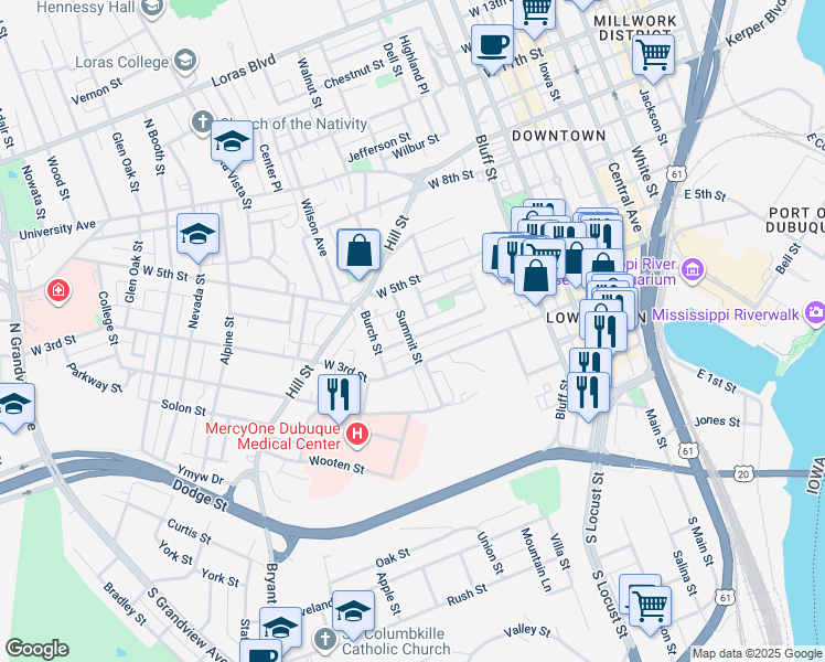 map of restaurants, bars, coffee shops, grocery stores, and more near 691 West 3rd Street in Dubuque