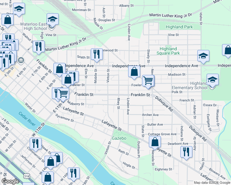 map of restaurants, bars, coffee shops, grocery stores, and more near 1708 Franklin Street in Waterloo