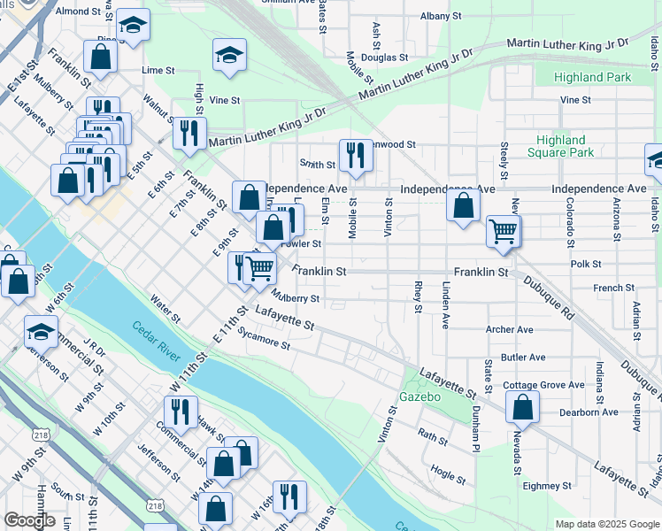 map of restaurants, bars, coffee shops, grocery stores, and more near 422 Elm Street in Waterloo