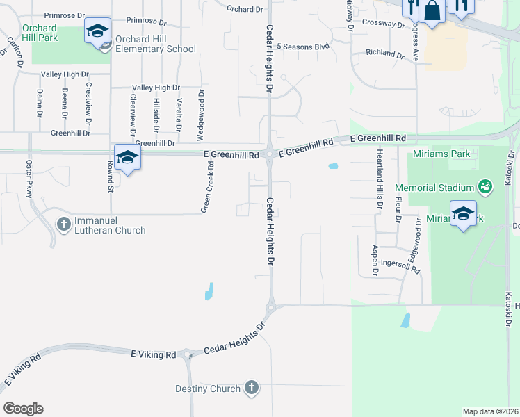map of restaurants, bars, coffee shops, grocery stores, and more near 4705 Chadwick Road in Cedar Falls