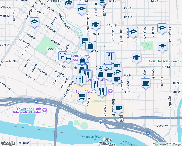 map of restaurants, bars, coffee shops, grocery stores, and more near 419 Pearl Street in Sioux City