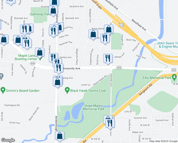 map of restaurants, bars, coffee shops, grocery stores, and more near 1320 Englewood Avenue in Waterloo
