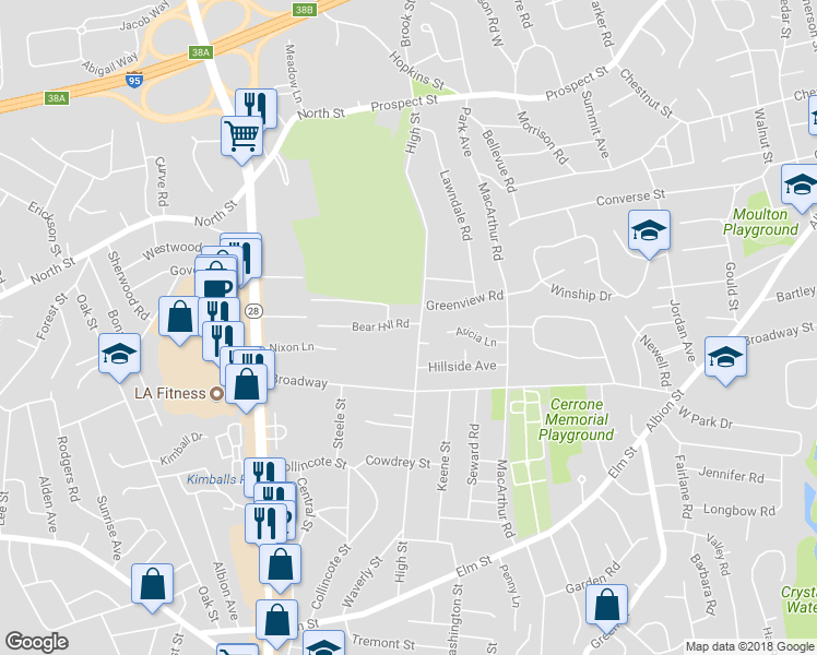 map of restaurants, bars, coffee shops, grocery stores, and more near 70 High Street in Stoneham