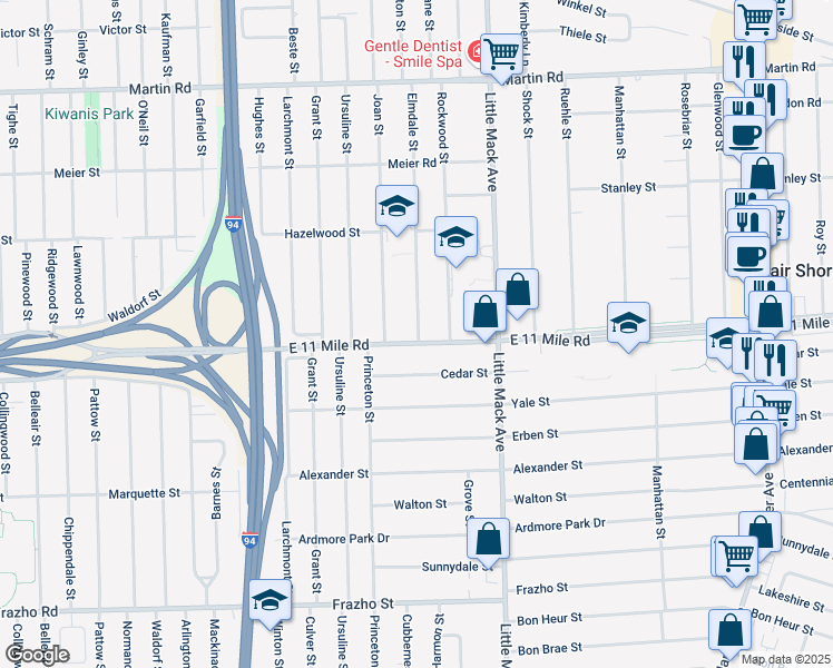map of restaurants, bars, coffee shops, grocery stores, and more near 20427 East 11 Mile Road in Saint Clair Shores