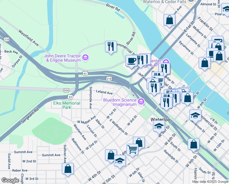 map of restaurants, bars, coffee shops, grocery stores, and more near 613 West Mullan Avenue in Waterloo