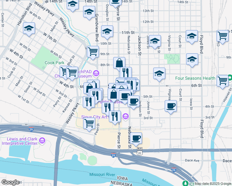 map of restaurants, bars, coffee shops, grocery stores, and more near 421 Pierce Street in Sioux City