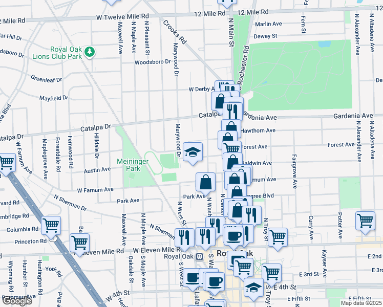 map of restaurants, bars, coffee shops, grocery stores, and more near 709 North Washington Avenue in Royal Oak