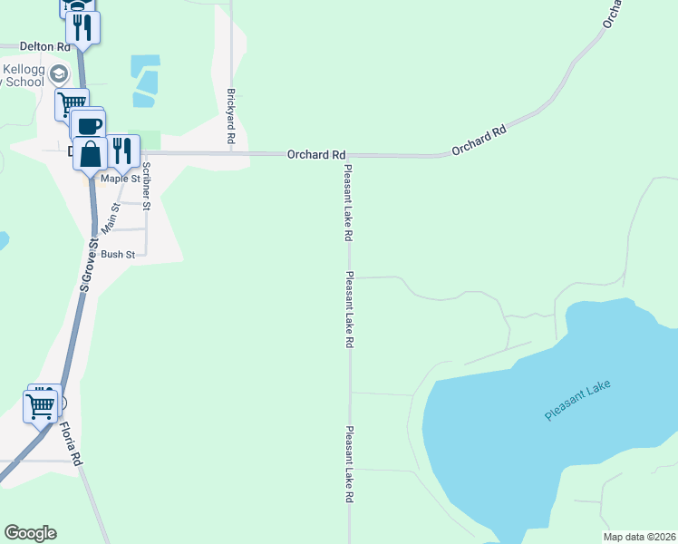 map of restaurants, bars, coffee shops, grocery stores, and more near 10799 Pleasant Lake Road in Delton