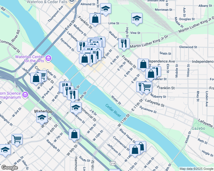 map of restaurants, bars, coffee shops, grocery stores, and more near 820 Sycamore Street in Waterloo