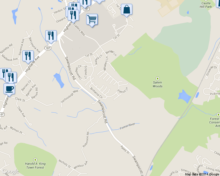 map of restaurants, bars, coffee shops, grocery stores, and more near 80 Whalers Lane in Salem