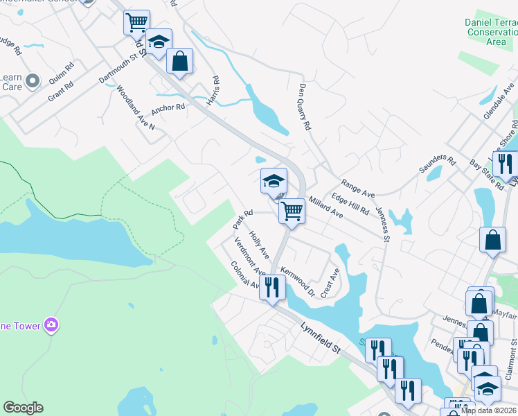map of restaurants, bars, coffee shops, grocery stores, and more near 84 Park Road in Lynn
