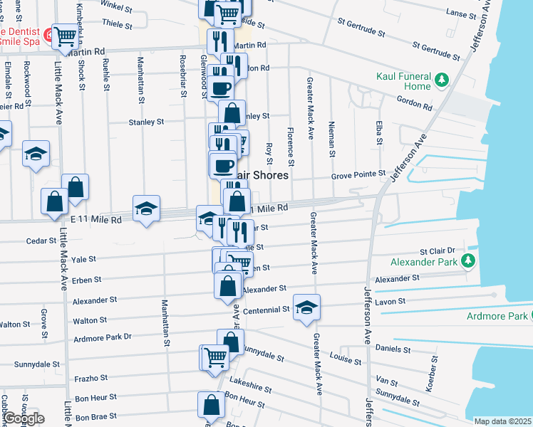 map of restaurants, bars, coffee shops, grocery stores, and more near 21614 Cedar Street in St. Clair Shores