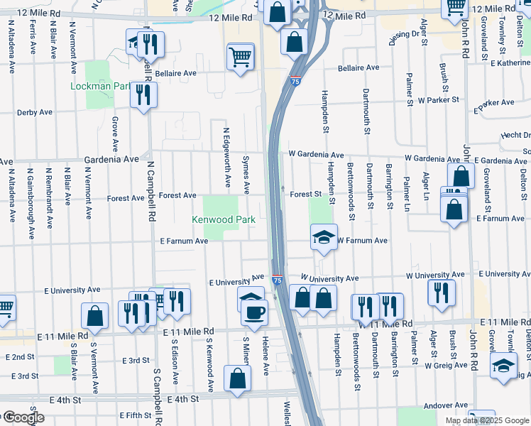 map of restaurants, bars, coffee shops, grocery stores, and more near 619 North Stephenson Highway in Royal Oak
