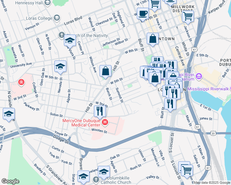 map of restaurants, bars, coffee shops, grocery stores, and more near 360 Burch Street in Dubuque