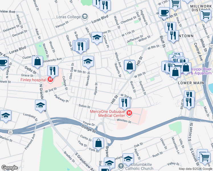 map of restaurants, bars, coffee shops, grocery stores, and more near 1070 Melrose Terrace in Dubuque