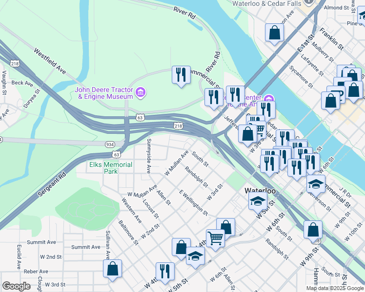 map of restaurants, bars, coffee shops, grocery stores, and more near 613 West Mullan Avenue in Waterloo