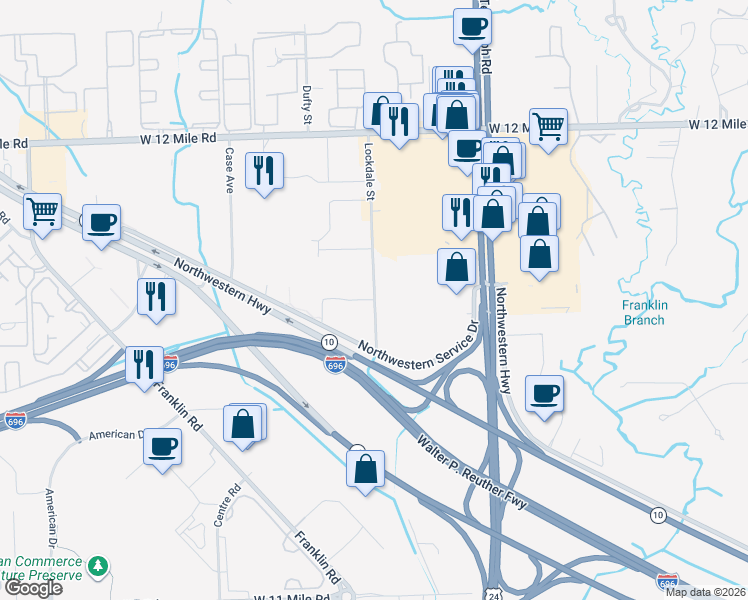 map of restaurants, bars, coffee shops, grocery stores, and more near 28381 Lockdale Street in Southfield