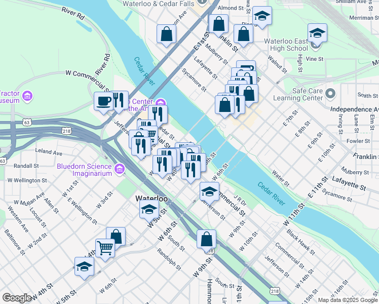 map of restaurants, bars, coffee shops, grocery stores, and more near 154 West 4th Street in Waterloo