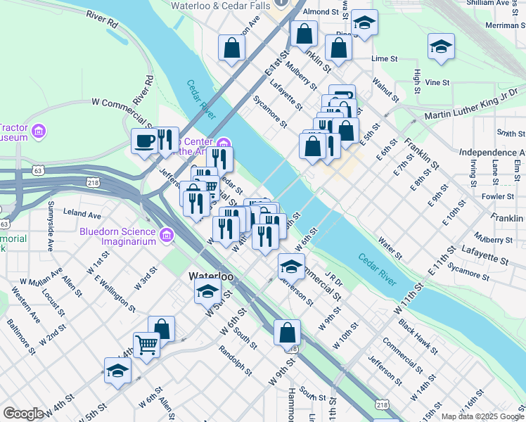 map of restaurants, bars, coffee shops, grocery stores, and more near 154 West 4th Street in Waterloo