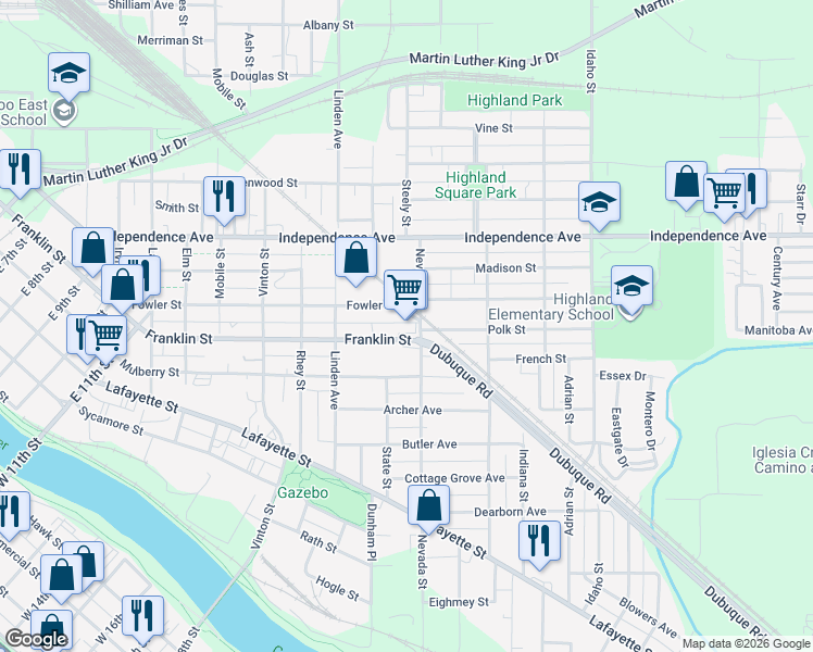 map of restaurants, bars, coffee shops, grocery stores, and more near 100 Monroe Street in Waterloo