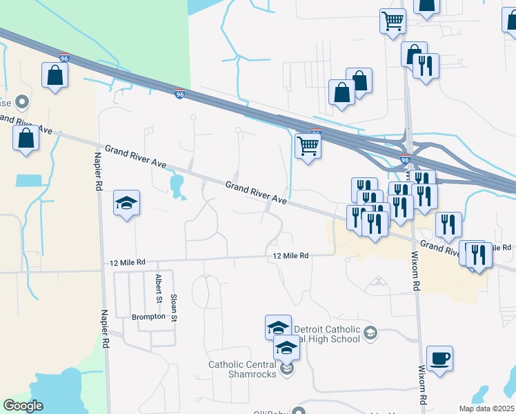 map of restaurants, bars, coffee shops, grocery stores, and more near 50226 Helfer Boulevard in Wixom