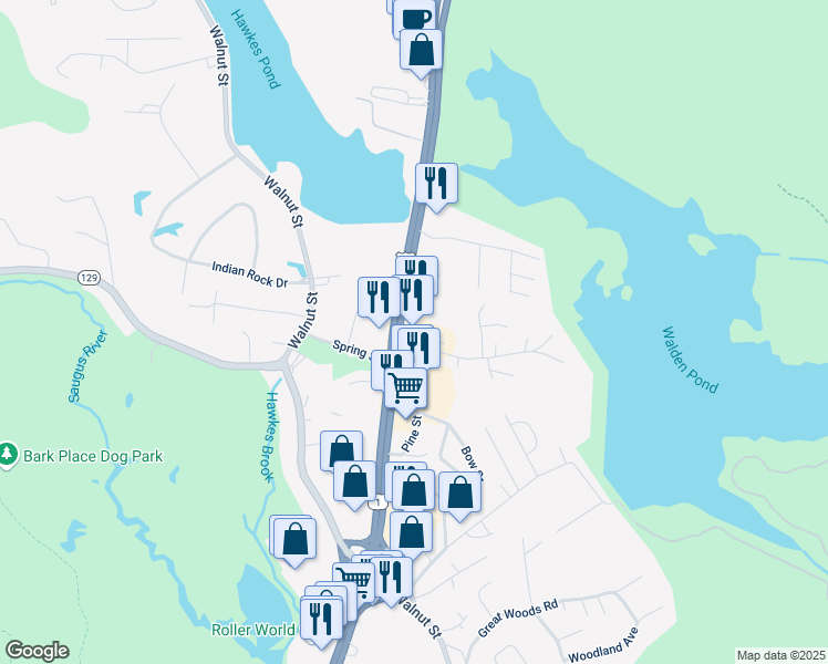 map of restaurants, bars, coffee shops, grocery stores, and more near 92 Broadway in Saugus