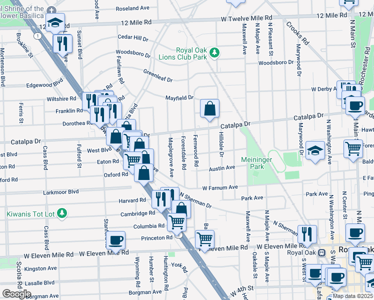 map of restaurants, bars, coffee shops, grocery stores, and more near 935 Fernwood Road in Royal Oak