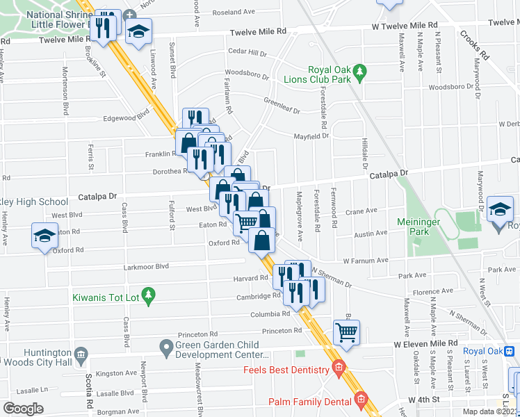 map of restaurants, bars, coffee shops, grocery stores, and more near 1803 West Farnum Avenue in Royal Oak