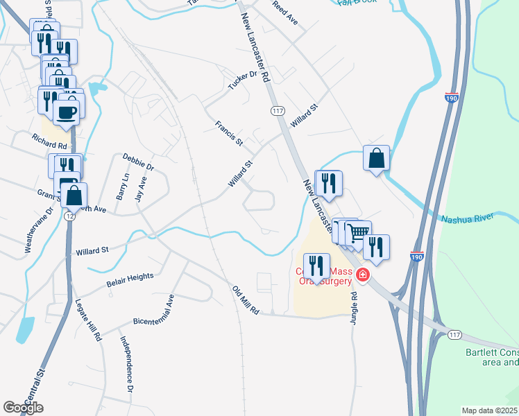 map of restaurants, bars, coffee shops, grocery stores, and more near 34 Sycamore Drive in Leominster
