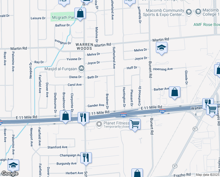 map of restaurants, bars, coffee shops, grocery stores, and more near 27351 Sutherland Avenue in Warren