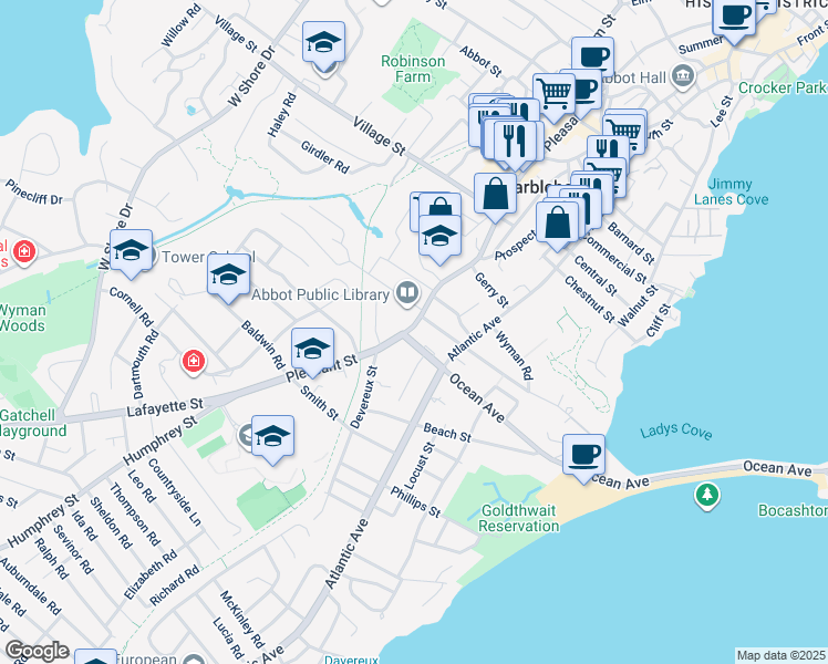 map of restaurants, bars, coffee shops, grocery stores, and more near 235 Pleasant Street in Marblehead