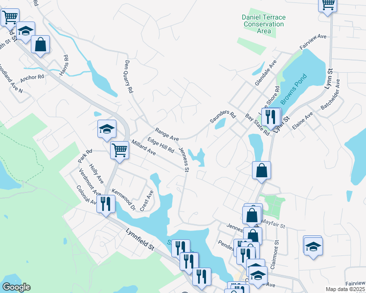 map of restaurants, bars, coffee shops, grocery stores, and more near 55 Range Avenue in Lynn
