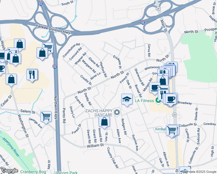 map of restaurants, bars, coffee shops, grocery stores, and more near 24 Saint Francis Street in Medford