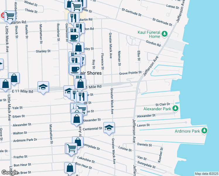 map of restaurants, bars, coffee shops, grocery stores, and more near 22003 East Eleven Mile Road in St. Clair Shores