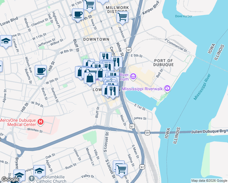 map of restaurants, bars, coffee shops, grocery stores, and more near 236 Main Street in Dubuque