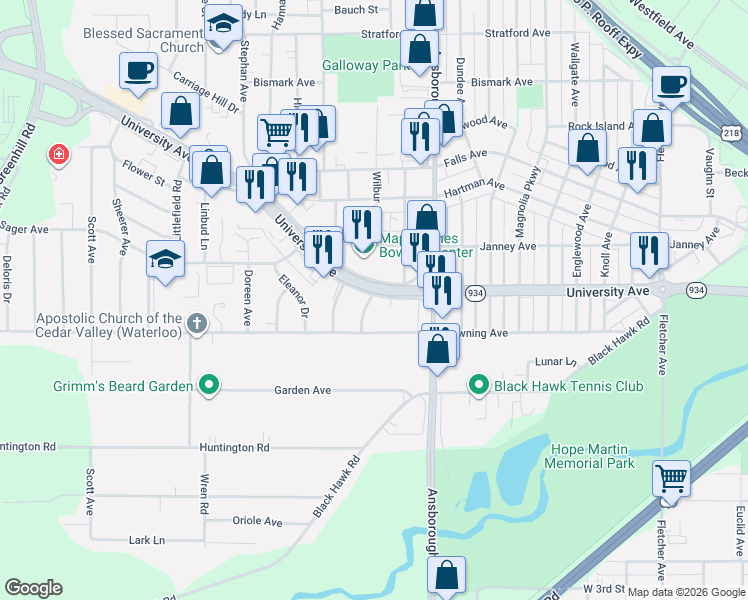 map of restaurants, bars, coffee shops, grocery stores, and more near 2509 University Avenue Frontage Road in Waterloo