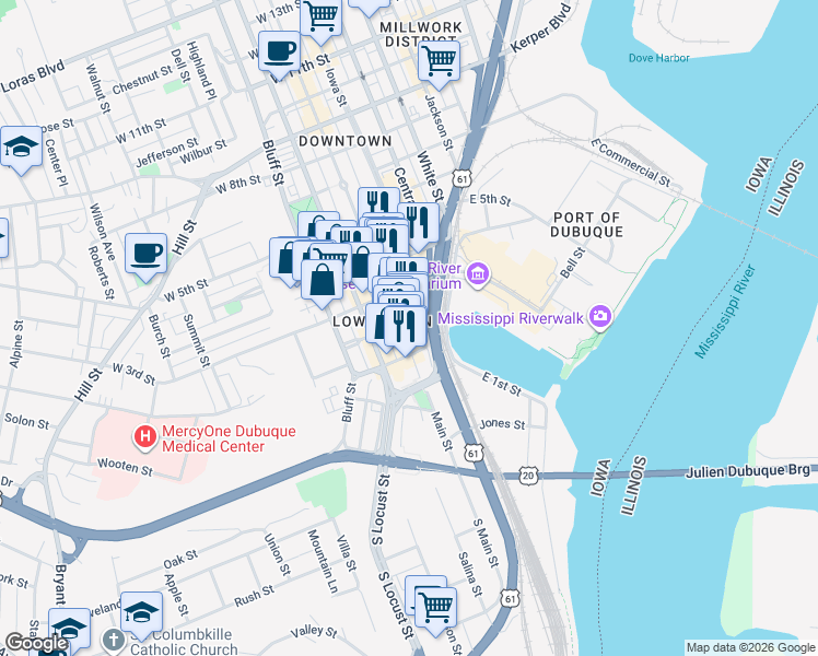 map of restaurants, bars, coffee shops, grocery stores, and more near 236 Main Street in Dubuque
