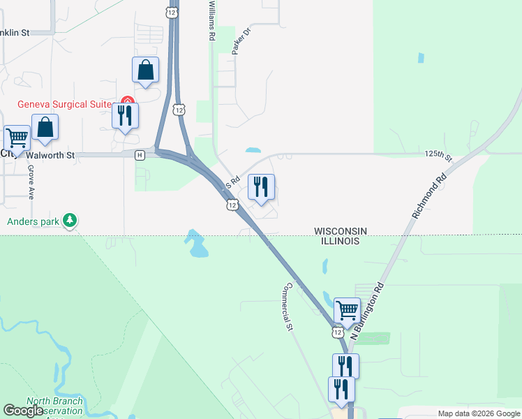 map of restaurants, bars, coffee shops, grocery stores, and more near 229 South Road in Genoa City