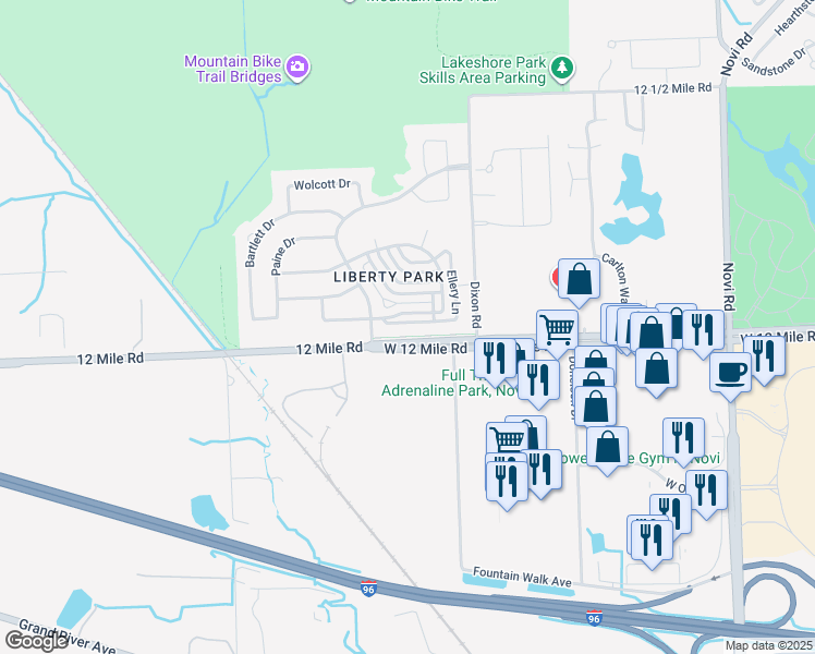 map of restaurants, bars, coffee shops, grocery stores, and more near 27887 Hopkins Drive in Novi